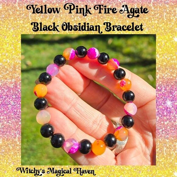 Yellow Pink Fire Agate Black Obsidian Gemstone Bracelet, 8mm - Picture 2 of 2